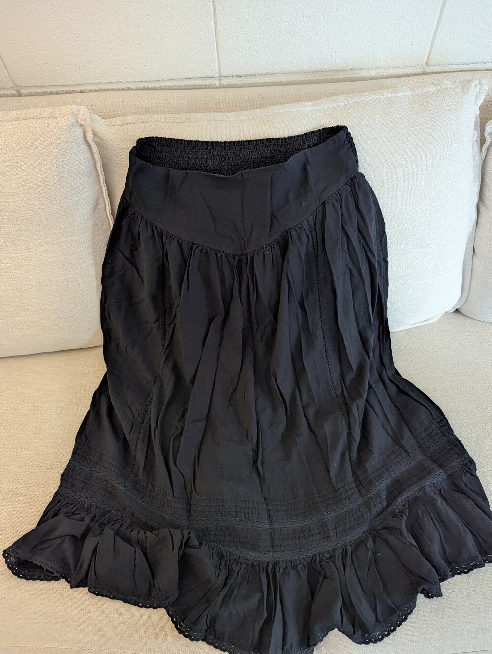 drop waist black ruffle midi skirt